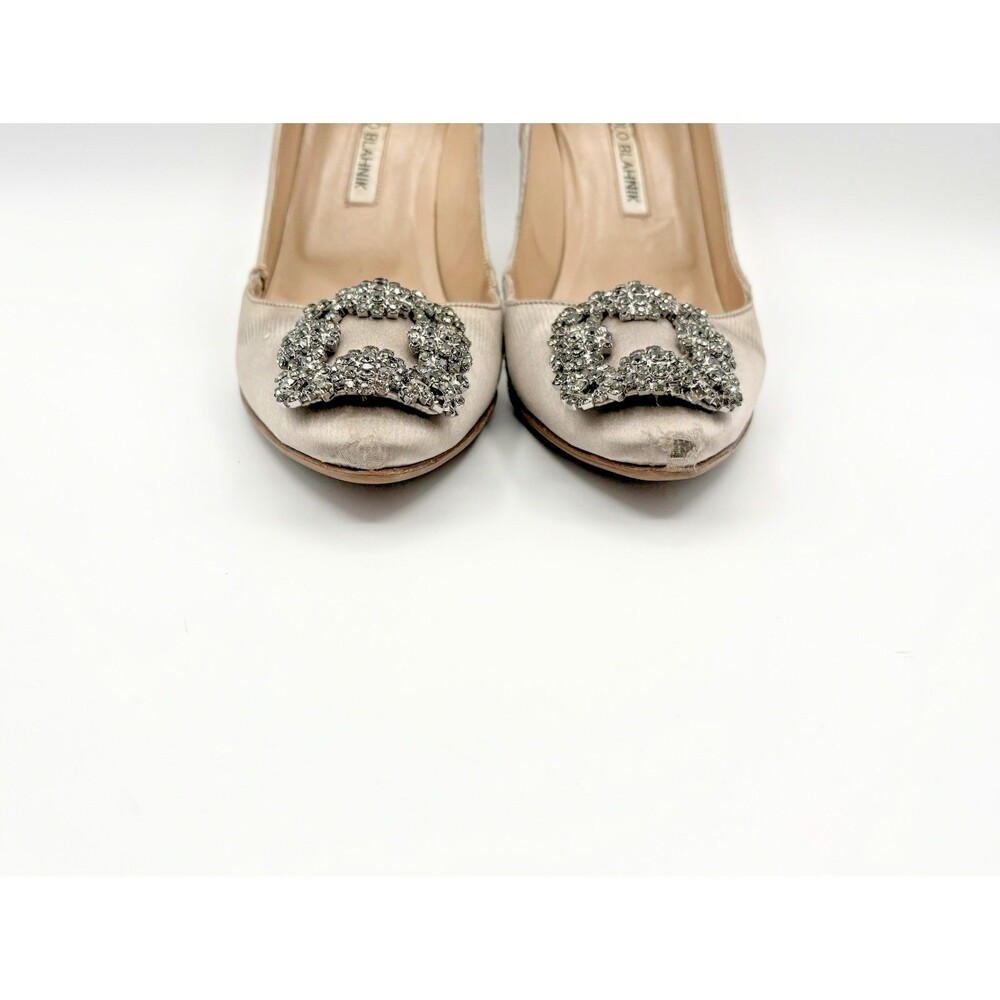 Manolo Blahnik Light Grey Satin Hangisi Rhinestone Embellished Heels Size EU 38 - Picture 4 of 15